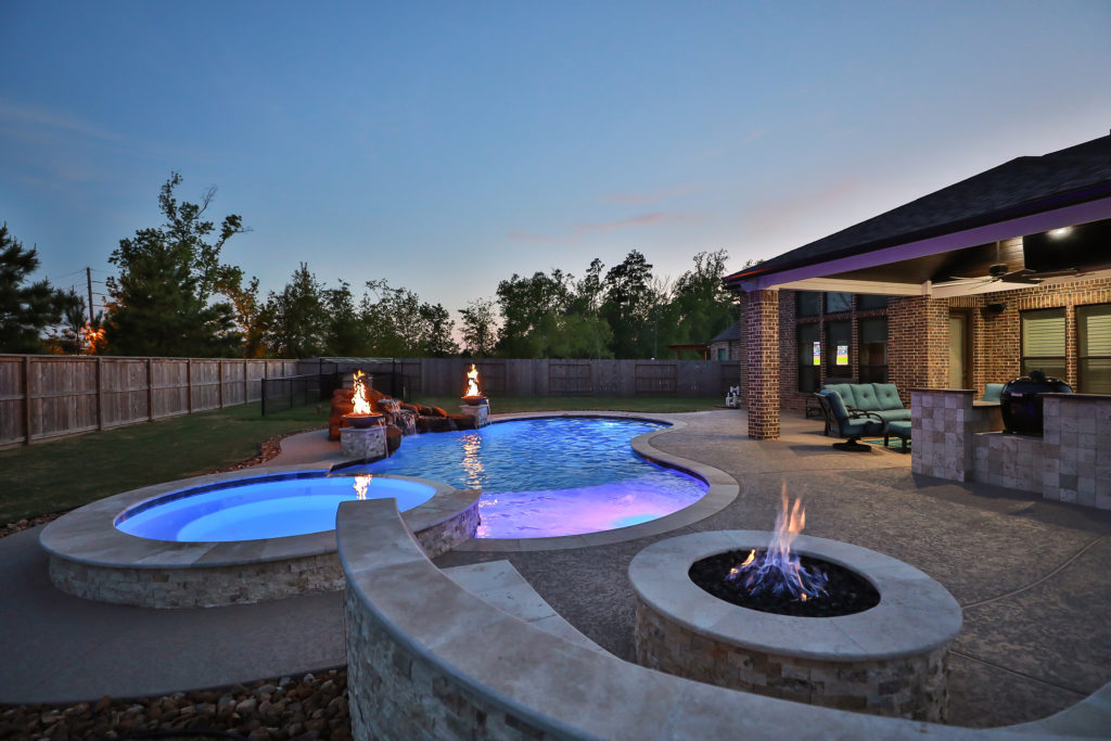 fire pit, pool deck, freeform pool, pool design, pool construction, outdoor living